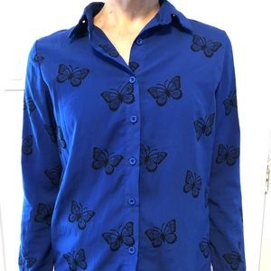 Vibrant blue butterfly print shirt with collar